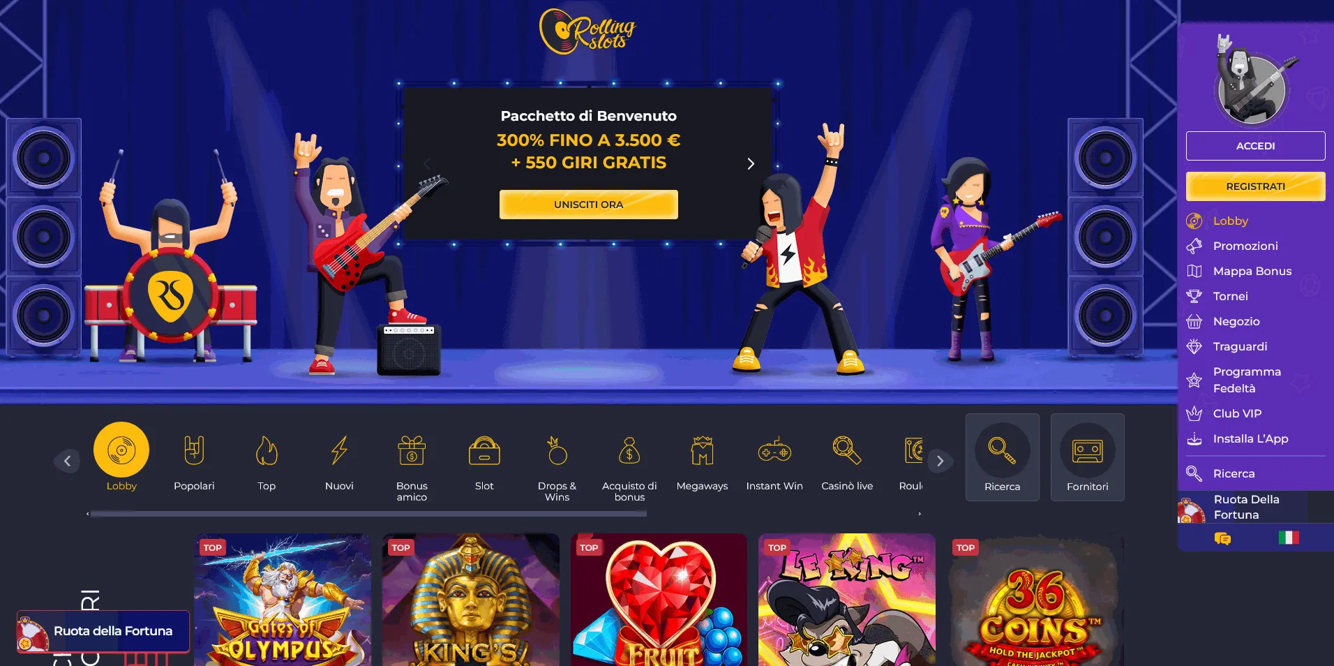 Pagina iniziale del casinò Rolling Slots