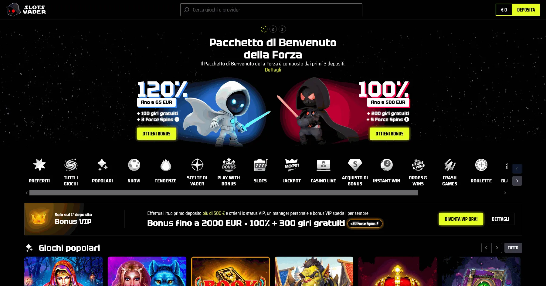 Pagina iniziale del casinò SlotsVader