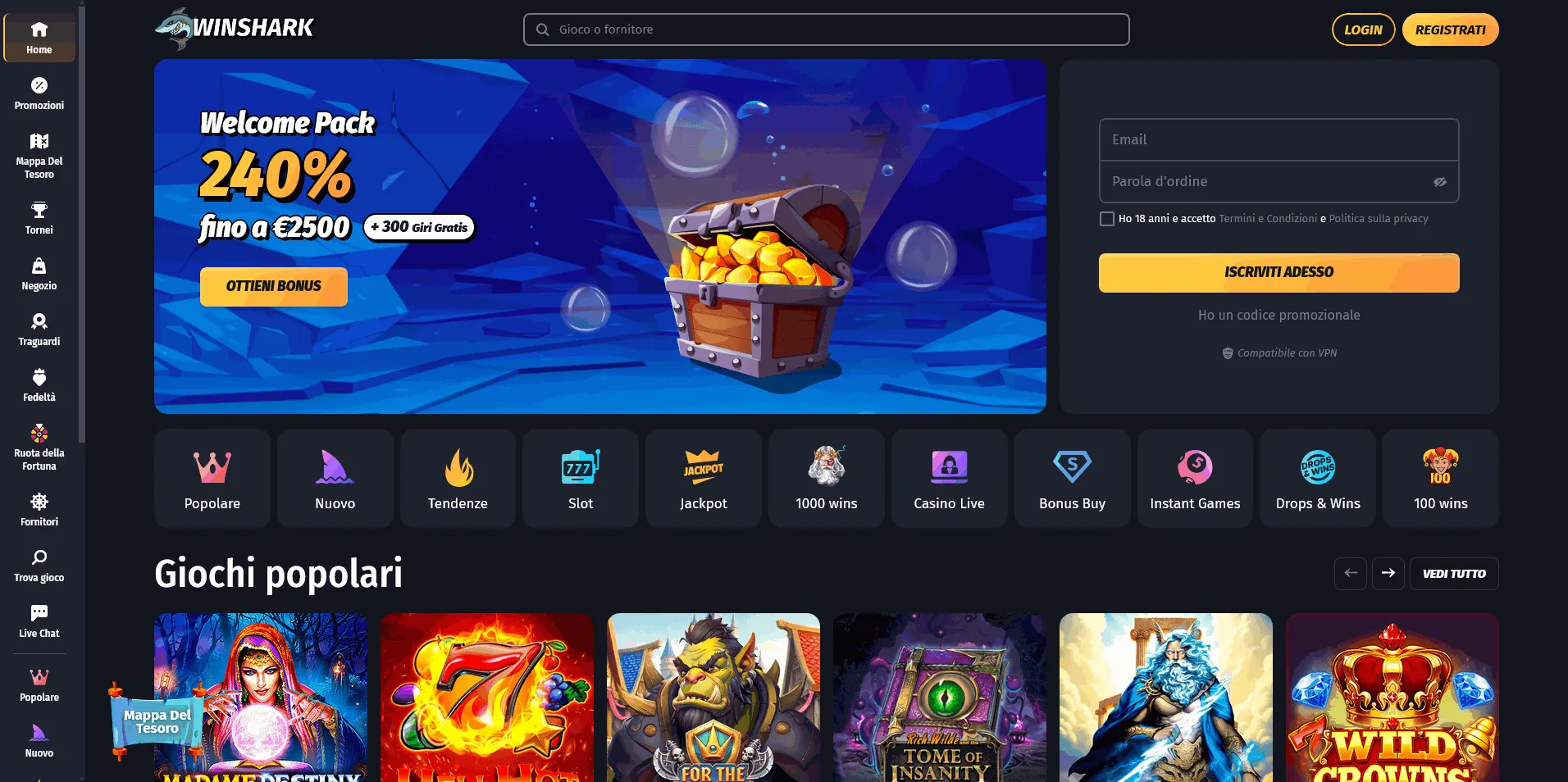Pagina iniziale del casinò Winshark